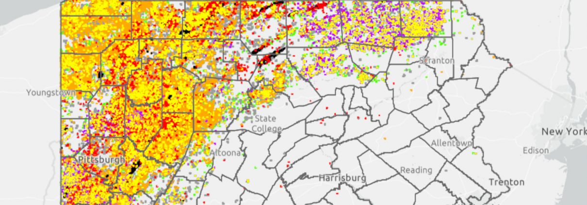 Oil and gas wells and violations in Pennsylvania through 1/12/2022.